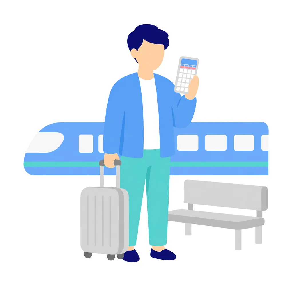 大学生が駅のホームで小さなキャリーケースを持ち、スマートフォンで予定を確認している様子