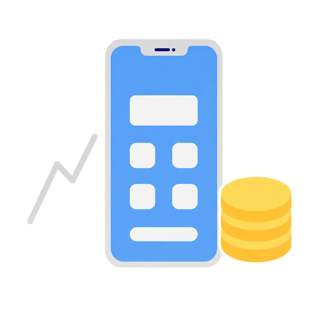 スマートフォンと硬貨、上向きの線が並ぶデジタル金融を象徴する様子