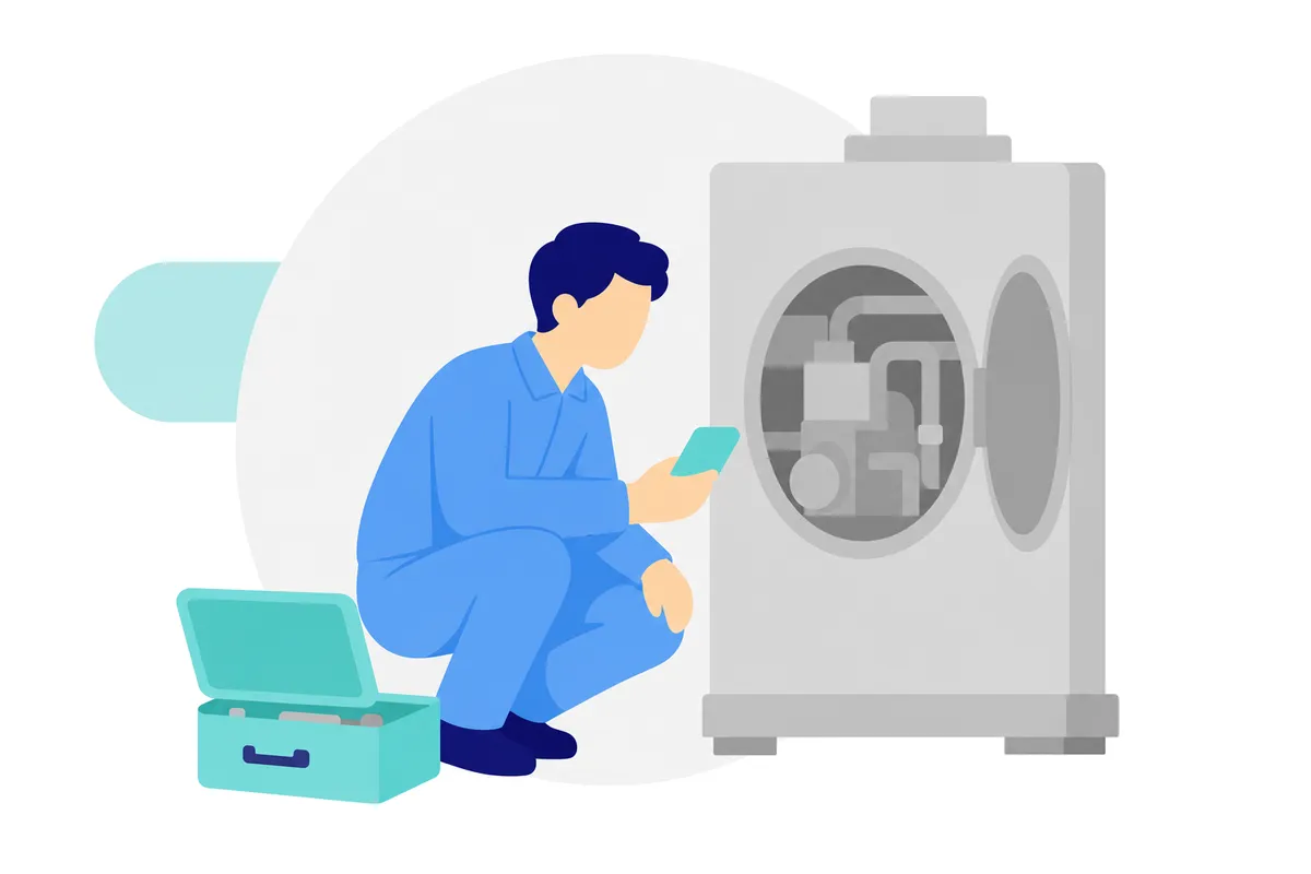 サービスエンジニアが設置された機械を点検している様子
