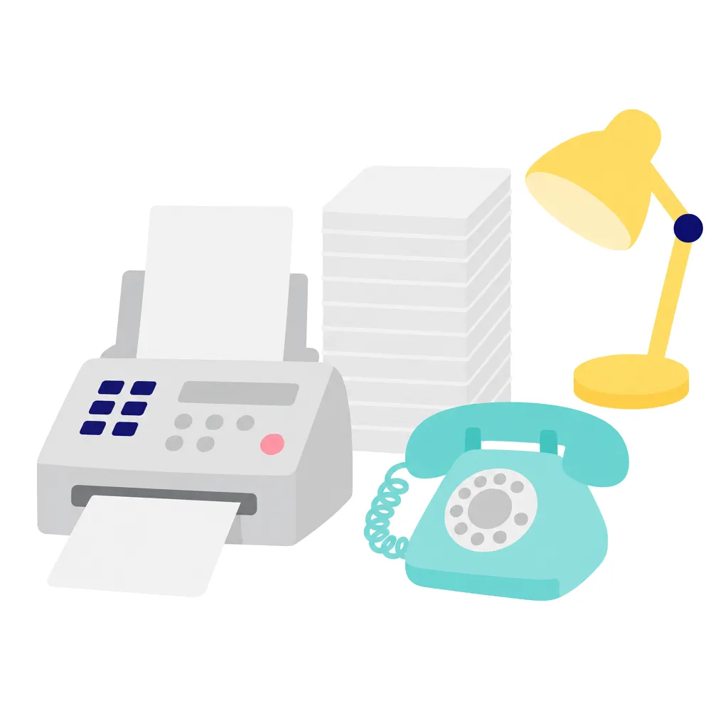 旧式のFAX機と紙の書類が積まれたデスク。人物のいない構図